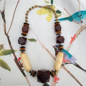 Vintage 70'sWooden Beaded Necklace with Cream Accents